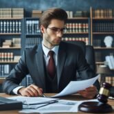 A professional, realistic image of a lawyer sitting in an office, reviewing legal documents related (1)