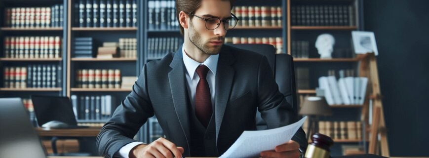 A professional, realistic image of a lawyer sitting in an office, reviewing legal documents related (1)