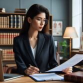 A professional, realistic image of a lawyer sitting in an office, reviewing legal documents related