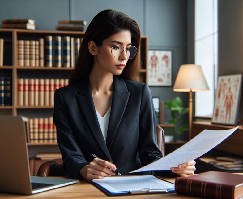 A professional, realistic image of a lawyer sitting in an office, reviewing legal documents related